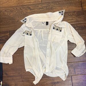 BKE Cream Button Down Shirt with Embellished Collar